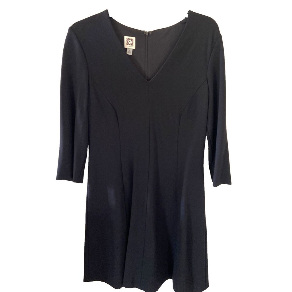 Vintage Anne Klein Classic Black 3/4 Sleeve V neck Stretch Flare Bottom Dress, 6